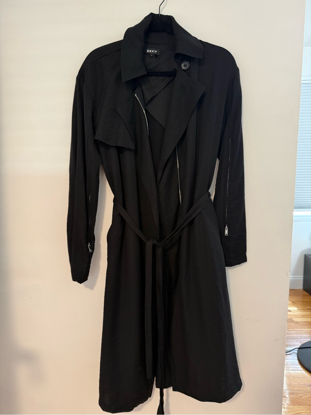 DKNY Black Long-Sleeve Trench Dress with Waist Tie